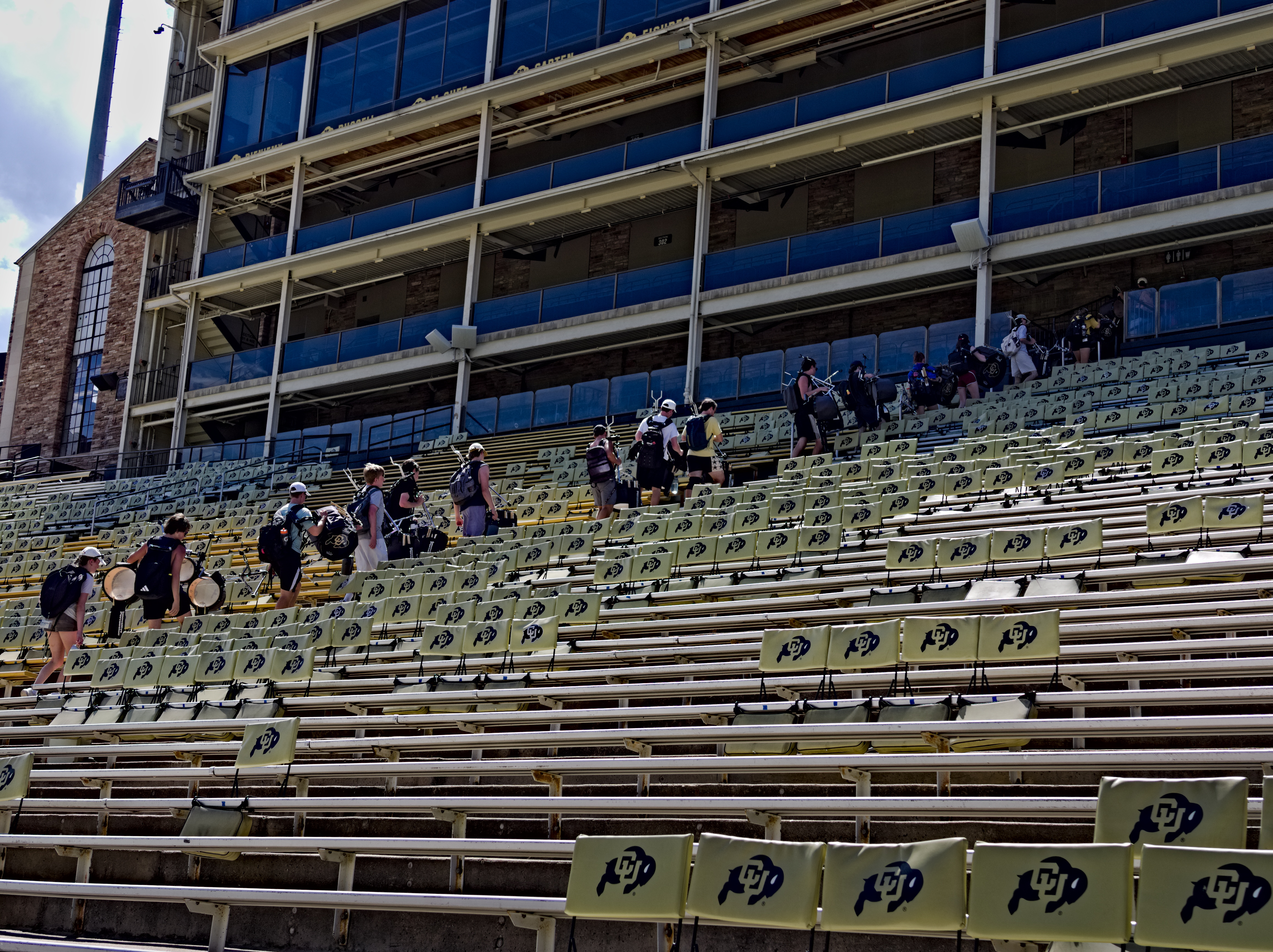 Drumline climbing the stands in Folsom